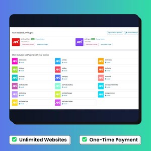 May include: A software dashboard interface displaying a list of installed JetPlugins including JetSmartFilters and JetEngine, followed by a grid of available plugins like JetElements, JetMenu, JetTabs, and JetBlog with install buttons.