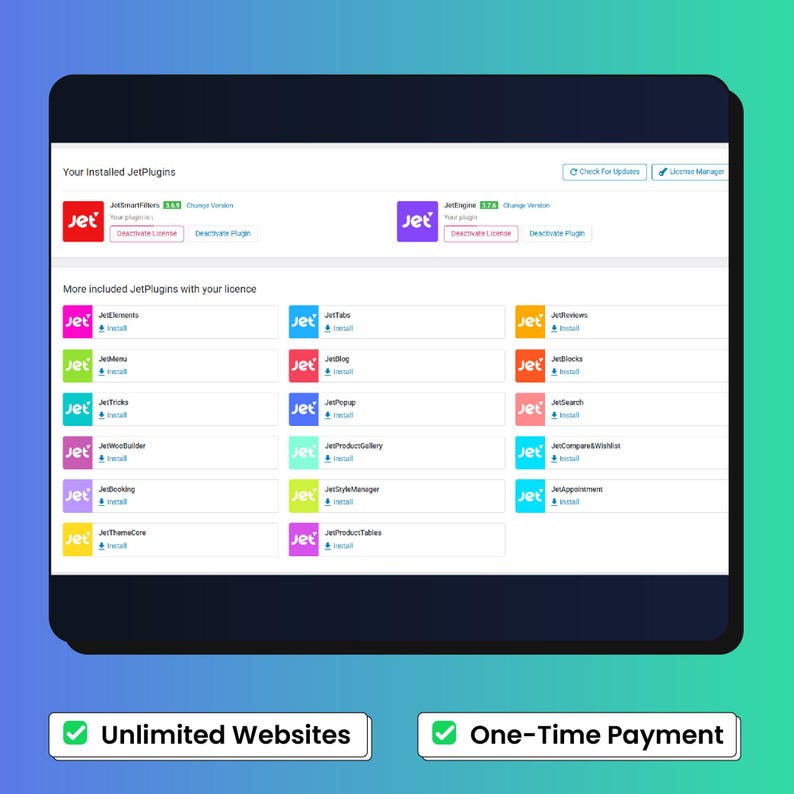 May include: A software dashboard interface displaying a list of installed JetPlugins including JetSmartFilters and JetEngine, followed by a grid of available plugins like JetElements, JetMenu, JetTabs, and JetBlog with install buttons.