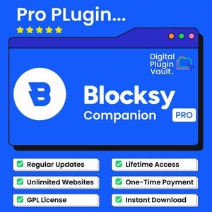 May include: A blue digital interface graphic for the Blocksy Companion Pro plugin. It features a white circular logo with a stylized letter B, five yellow stars, and text including Regular Updates, Lifetime Access, Unlimited Websites, One-Time Payment, GPL License, and Instant Download.