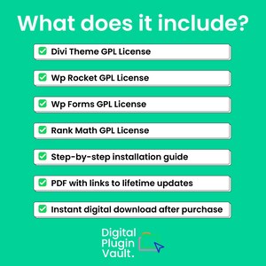 Peut inclure: Visuel turquoise avec du texte blanc indiquant &laquo;&nbsp;Ce qui est inclus&nbsp;?&nbsp;&raquo; suivi d'une liste d'&eacute;l&eacute;ments, notamment des licences, un guide et un PDF. Le logo Digital Plugin Vault est en bas.