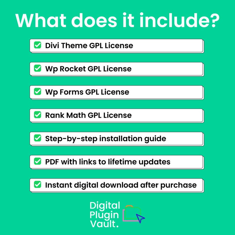 Peut inclure: Visuel turquoise avec du texte blanc indiquant &laquo;&nbsp;Ce qui est inclus&nbsp;?&nbsp;&raquo; suivi d'une liste d'&eacute;l&eacute;ments, notamment des licences, un guide et un PDF. Le logo Digital Plugin Vault est en bas.