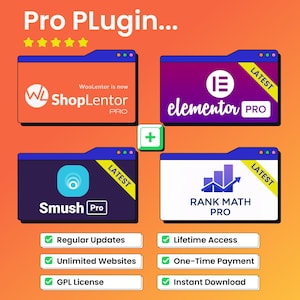 Op de afbeelding: Een oranje en blauwe afbeelding die "Pro Plugin" promoot, met vier softwarelogo's: ShopLentor, Elementor Pro, Smush Pro en Rank Math Pro. De afbeelding toont functies zoals "Regelmatige Updates" en "Levenslange Toegang", met vinkjes.