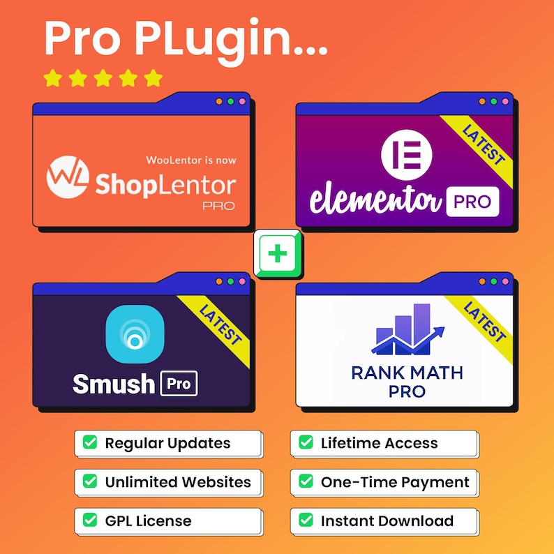 K&ouml;nnte beinhalten: Ein orange-blaues Werbegrafik f&uuml;r "Pro Plugin" mit vier Software-Logos: ShopLentor, Elementor Pro, Smush Pro und Rank Math Pro. Die Funktionen umfassen "Regelm&auml;&szlig;ige Updates" und "Lebenslanger Zugriff", markiert mit H&auml;kchen.