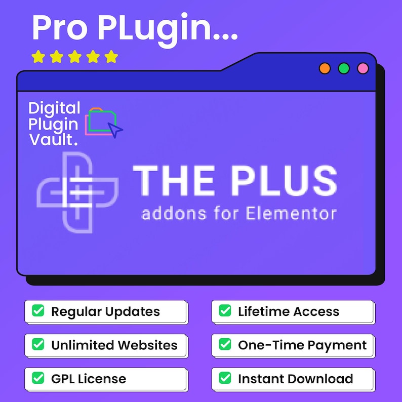 Peut inclure: Visuel violet avec le texte "Pro Plugin..." et "THE PLUS addons for Elementor." Comprend "Mises &agrave; jour r&eacute;guli&egrave;res", "Sites Web illimit&eacute;s", "Licence GPL", "Acc&egrave;s &agrave; vie", "Paiement unique" et "T&eacute;l&eacute;chargement instantan&eacute;."