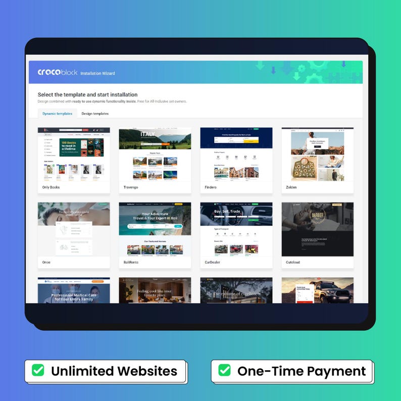 May include: A digital interface for the Crocoblock Installation Wizard displaying a grid of website templates including Only Books, Travengo, Finders, Zolden, Once, BuildRent, CarDealer, and CutFood, with text labels for Unlimited Websites and One-Time Payment.
