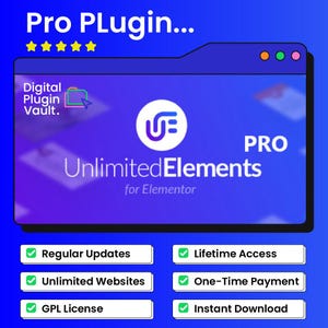 Peut inclure: Publicit&eacute; pour un produit num&eacute;rique avec un fond d&eacute;grad&eacute; bleu et violet. Le texte "Pro Plugin..." est en haut, avec "Unlimited Elements for Elementor" au centre. Les fonctionnalit&eacute;s incluent des mises &agrave; jour r&eacute;guli&egrave;res et un t&eacute;l&eacute;chargement instantan&eacute;.