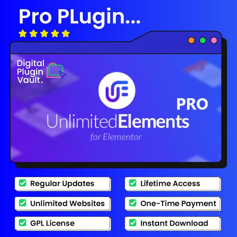 Peut inclure: Publicit&eacute; pour un produit num&eacute;rique avec un fond d&eacute;grad&eacute; bleu et violet. Le texte "Pro Plugin..." est en haut, avec "Unlimited Elements for Elementor" au centre. Les fonctionnalit&eacute;s incluent des mises &agrave; jour r&eacute;guli&egrave;res et un t&eacute;l&eacute;chargement instantan&eacute;.