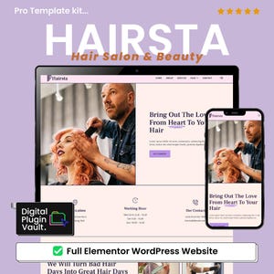 Puede incluir: Diseño de plantilla de sitio web para un salón de belleza y peluquería. El diseño se muestra en un portátil y un smartphone, mostrando a un estilista trabajando en el cabello de un cliente. El texto incluye "HAIRSTA Hair Salon & Beauty" y "Bring Out The Love From Heart To Your Hair."