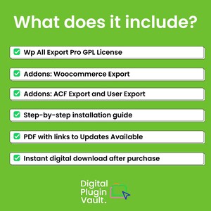 Puede incluir: Gr&aacute;fico verde con texto blanco que dice "What does it include?" seguido de una lista de caracter&iacute;sticas de productos digitales. Las caracter&iacute;sticas incluyen una licencia GPL, complementos de exportaci&oacute;n, una gu&iacute;a de instalaci&oacute;n y descarga instant&aacute;nea.