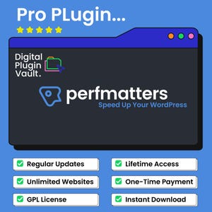 Peut inclure: Publicité pour un plugin numérique avec le texte "Pro Plugin..." et "perfmatters Speed Up Your WordPress." L'image présente un rectangle gris foncé avec un dessus bleu et une liste de fonctionnalités, dont "Mises à jour régulières" et "Téléchargement instantané."