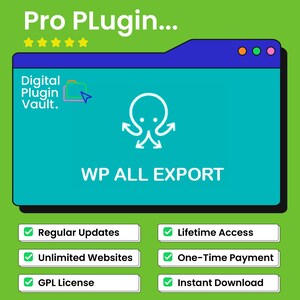 Könnte beinhalten: Werbung für ein digitales Produkt mit türkisfarbenem Hintergrund und blauem Fensterrahmen. Der Text "Pro Plugin..." steht oben, mit "Digital Plugin Vault" und "WP ALL EXPORT" angezeigt. Zu den Funktionen gehören "Regelmäßige Updates", "Lebenslanger Zugriff", "Unbegrenzte Websites", "Einmalige Zahlung", "GPL-Lizenz" und "Sofortiger Download".