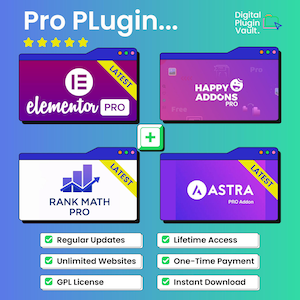 Puede incluir: Un gráfico promocional para "Pro Plugin..." con cuatro iconos de software, incluyendo Elementor Pro, Happy Addons Pro, Rank Math Pro y Astra Pro Addon. El gráfico también destaca características como actualizaciones regulares, acceso de por vida y descarga instantánea.