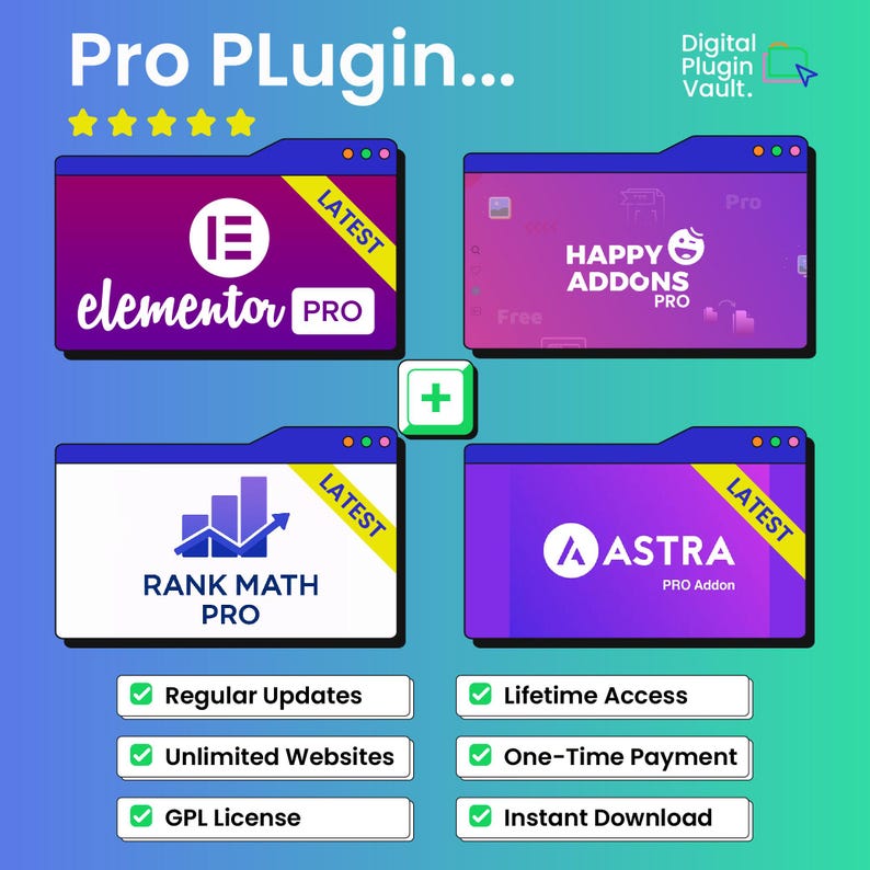 May include: A promotional graphic for "Pro Plugin..." featuring four software icons with the names Elementor Pro, Happy Addons Pro, Rank Math Pro, and Astra Pro Addon. The graphic also highlights features like regular updates, lifetime access, and instant download.