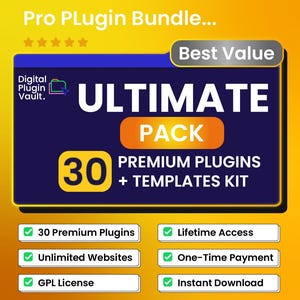 May include: A digital product bundle advertisement with a yellow and blue color scheme. The text reads "ULTIMATE PACK" with "30 PREMIUM PLUGINS + TEMPLATES KIT." Additional text includes "30 Premium Plugins," "Lifetime Access," "Unlimited Websites," "One-Time Payment," "GPL License," and "Instant Download."