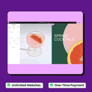 Peut inclure: Une interface num&eacute;rique affichant un &eacute;diteur de site web avec une mise en page divis&eacute;e. Le c&ocirc;t&eacute; gauche pr&eacute;sente des outils d'&eacute;dition, tandis que le c&ocirc;t&eacute; droit montre un graphique avec un cocktail rose, une tranche de pamplemousse et le texte SPRING COCKTAILS.