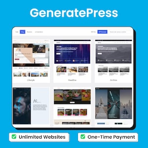 May include: A digital display showing website templates with the text "GeneratePress" at the top. The display includes website previews categorized as Lifestyle, Headline, and Archive. The bottom features text: "Unlimited Websites" and "One-Time Payment."