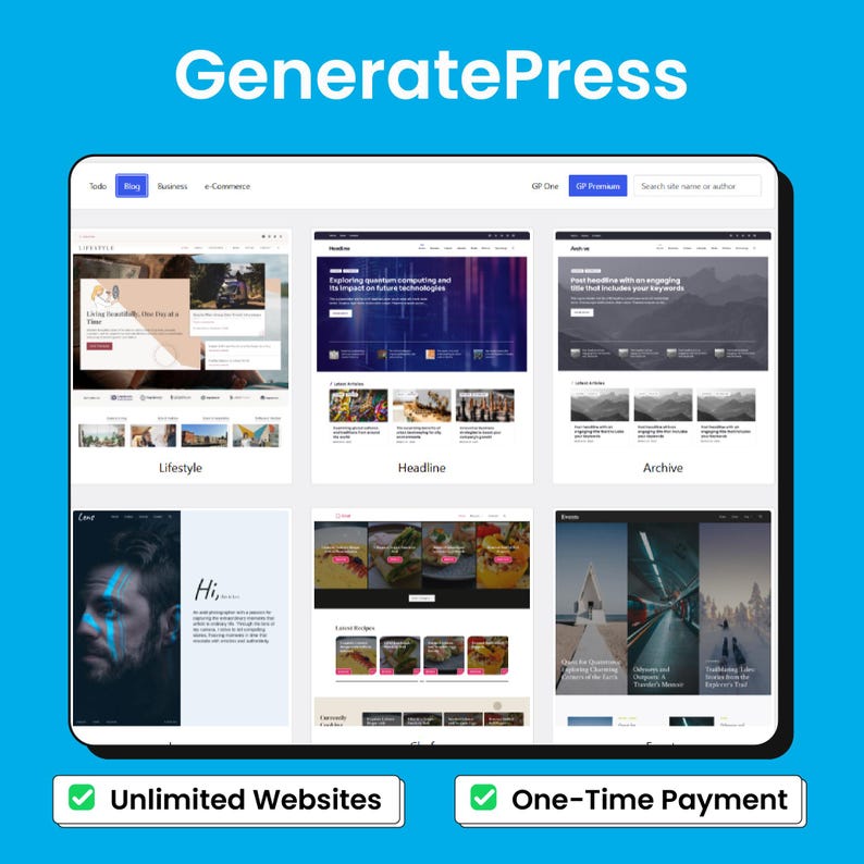 May include: A digital display showing website templates with the text "GeneratePress" at the top. The display includes website previews categorized as Lifestyle, Headline, and Archive. The bottom features text: "Unlimited Websites" and "One-Time Payment."