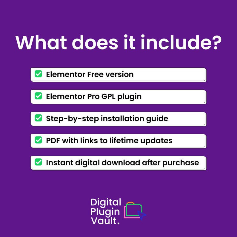 Peut inclure: Un graphique violet avec le texte blanc What does it include? suivi d'une liste de cinq &eacute;l&eacute;ments : Elementor Free version, Elementor Pro GPL plugin, Step-by-step installation guide, PDF with links to lifetime updates, et Instant digital download after purchase.