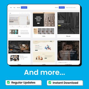 May include: A digital tablet shows website design templates. The screen displays various website layouts, including options for e-commerce, shop, and travel. Text on the screen includes "Where Every Step Tells a Story" and "And more..." with "Regular Updates" and "Instant Download" buttons.