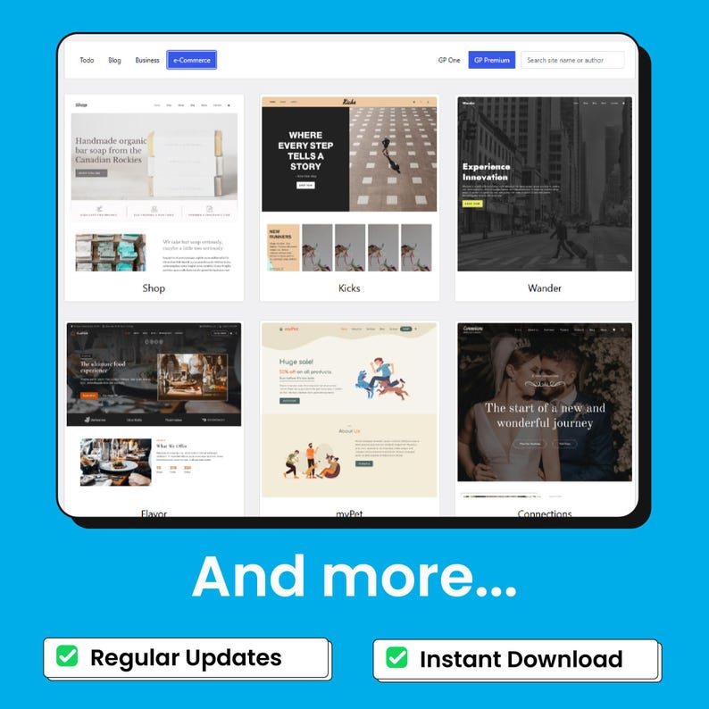 May include: A digital tablet shows website design templates. The screen displays various website layouts, including options for e-commerce, shop, and travel. Text on the screen includes "Where Every Step Tells a Story" and "And more..." with "Regular Updates" and "Instant Download" buttons.