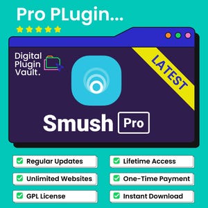 以下が含まれることがあります： 暗い青色の背景に「Pro Plugin...」と「Smush Pro」のテキストが目立つデジタルプラグインの広告。 「定期的なアップデート」、「無制限のウェブサイト」、および「GPLライセンス」などの機能が含まれています。