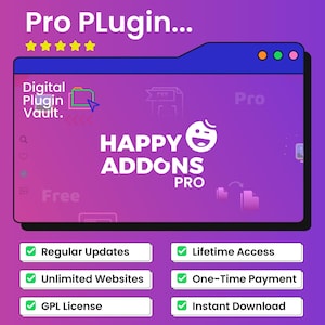 Könnte beinhalten: Werbung für ein digitales Plugin mit einem violett-rosa Farbverlauf im Hintergrund. Der Text zeigt "Pro Plugin..." und "Happy Addons Pro." Zu den Funktionen gehören regelmäßige Updates, unbegrenzte Websites, GPL-Lizenz, lebenslanger Zugriff, einmalige Zahlung und sofortiger Download.