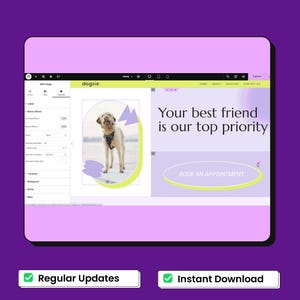 Peut inclure: Une interface d'&eacute;diteur de site web affichant une page d'accueil pour dogsie. La page pr&eacute;sente une photo de chien avec un harnais, le texte Your best friend is our top priority et un bouton BOOK AN APPOINTMENT avec des accents vert citron.