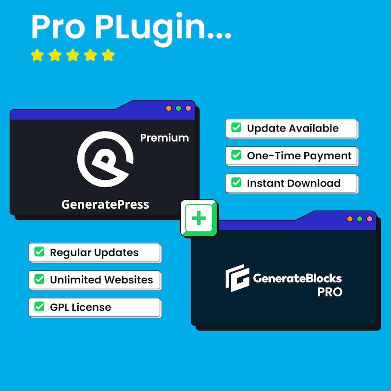 May include: A digital graphic promoting "Pro Plugin..." on a blue background. It features two dark blue website window icons with white logos and text: "GeneratePress" and "GenerateBlocks PRO." Additional text includes "Premium," and checkmarks with phrases like "Update Available" and "Instant Download."