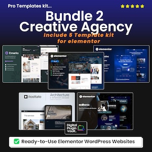 Op de afbeelding: Een promotieafbeelding voor een "Creative Agency" bundel, met vijf Elementor template kits. De afbeelding bevat de tekst "Bundle 2 Creative Agency" en "Include 5 Template kit for elementor". De tekst "Ready-to-Use Elementor WordPress Websites" is ook aanwezig.