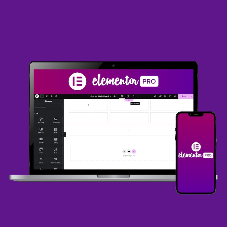 Peut inclure: Un ordinateur portable et un smartphone affichant l'interface Elementor Pro. L'&eacute;cran de l'ordinateur montre un tableau de bord de cr&eacute;ation de site avec un en-t&ecirc;te violet, tandis que le smartphone affiche le logo Elementor Pro sur fond d&eacute;grad&eacute;.