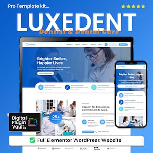 Może przedstawiać: Cyfrowa makieta strony internetowej i aplikacji mobilnej dla gabinetu dentystycznego, z nazwą "LUXEDENT" dużymi białymi literami. Strona internetowa wyświetla tekst "Brighter Smiles, Happier Lives" i "Full Elementor WordPress Website".
