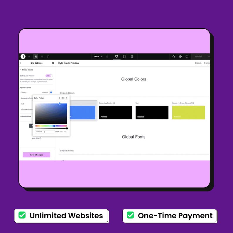 Peut inclure: Une interface num&eacute;rique affichant un aper&ccedil;u de guide de style de site web avec des param&egrave;tres de couleurs et de polices globales. Une fen&ecirc;tre de s&eacute;lection de couleur affiche un d&eacute;grad&eacute; bleu. Deux boutons blancs indiquent Unlimited Websites et One-Time Payment.