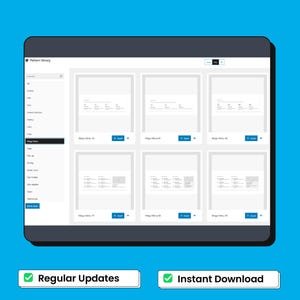 May include: A digital tablet shows a website design interface with a white background and blue accents. The screen displays a "Pattern library" with design templates. Two green checkmarks read "Regular Updates" and "Instant Download".