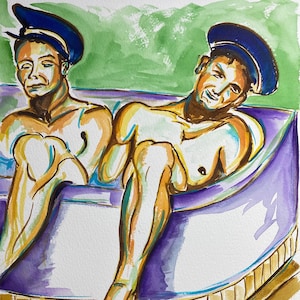 Uomini di servizio, 2023 (acquerello originale). Una rappresentazione di due uomini di servizio nudi che condividono un bagno. Stile espressionista. Interesse gay.