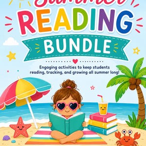 May include: A colorful illustration promoting a "Summer Reading Bundle." The image features a girl reading on a beach, surrounded by books, a crab, and a smiling sun. Text includes "Reading Trackers," "Challenges & Activities," and "Goals & Reflections."