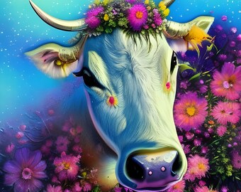 Cow covered in flowers , Cow, Cow Print, Digital Download, Wall Art, Digital Art Print, Printable Wall Art