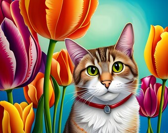 Cat Tabby in tulip field Instant Digital Download, Cat Home Decor Wall Poster, Livingroom Art, Office Art, Cat digital art