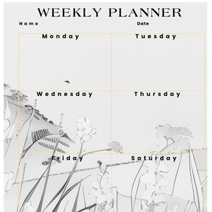 May include: A black and white weekly planner with a floral design. The planner has spaces for each day of the week, Monday through Sunday, and a section for top priorities.