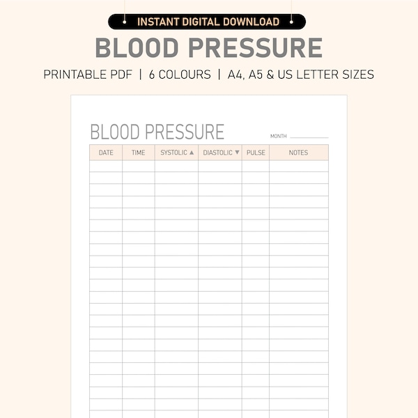Blutdruck Log | Blutdruck Tracker | Blutdrucktabelle | Tägliches BP Log | Sofortiger digitaler Download | A4 A5 US Letter Größen