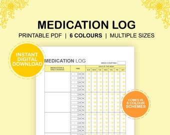 Dziennik codziennych leków | Śledzenie leków | Lista leków | Planer leków | Dziennik opiekuna | Pobieranie cyfrowe | Rozmiary A4 A5 US Letter