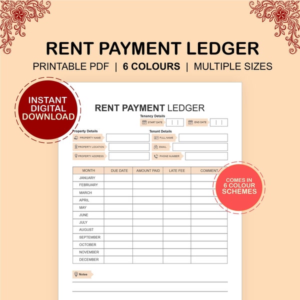 Rent Payment Ledger | Rental Ledger | Tenant Rent Tracker | Printable Rent Log| Instant Digital Download | Comes in A4 A5 US Letter Sizes