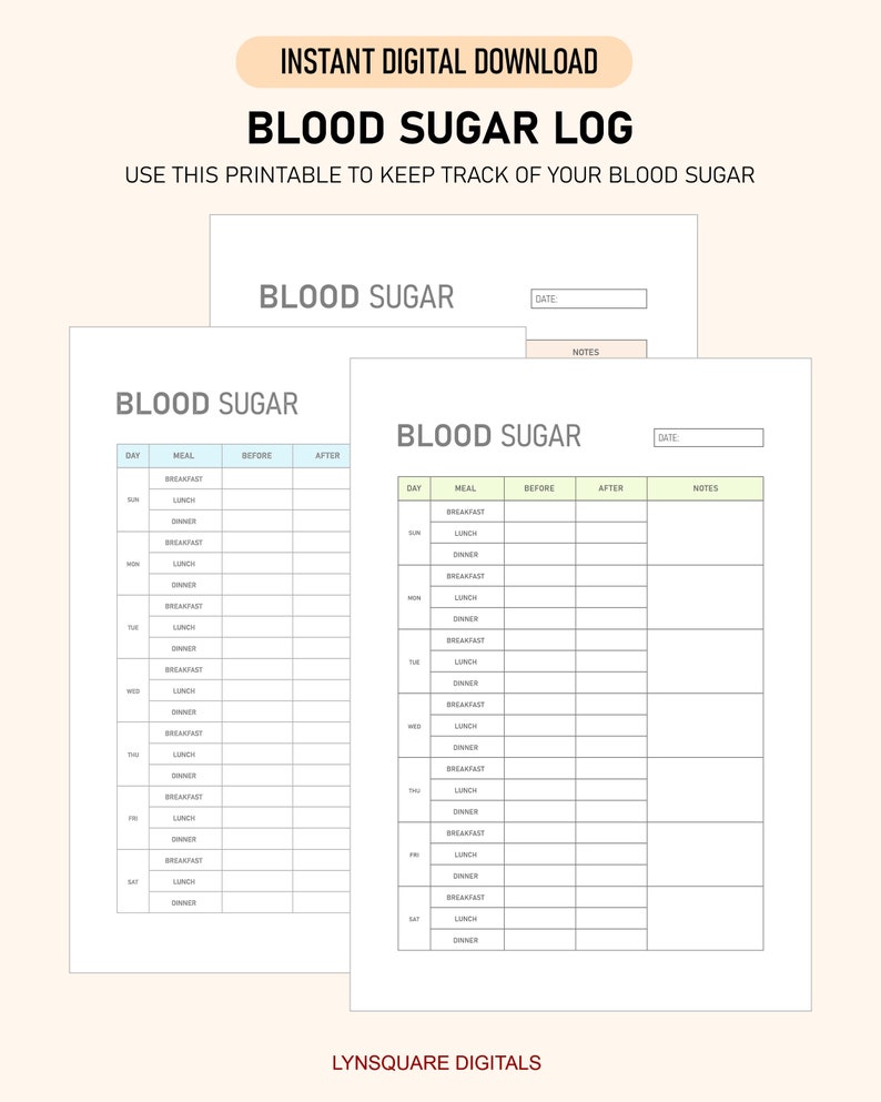 Printable Blood Sugar Log Daily Log Book for Glucose Blood Sugar Tracker Glucose Log Digital ...