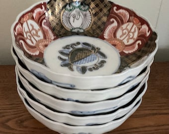 Set of 5 Antique Asian Japanese Imari Bowl Red Cobalt Blue and Gold Peach Rondel 6”