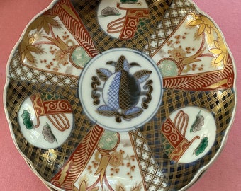 Set of 5 Antique Asian Japanese Imari Plate Red Cobalt Blue and Gold Peach Rondel 8.5”