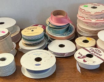 Lot of 29 rolls vintage Satin Lace Ribbon Trim mostly full/partially full