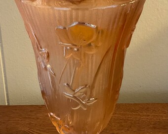 Vintage Jeanette Marigold Carnival Glass Footed Iris/Herringbone Pattern Vase 8”