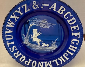 Westmoreland Hand Painted ABC Childs Plate Cobalt Blue Alphabet 7” Beautiful!