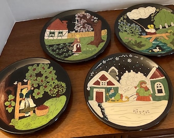 4 Signed Burkart Handarbeit Vintage Wall Plaques Four Seasons 10” 1960s Swiss