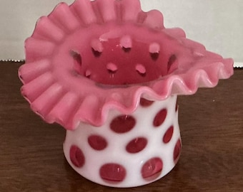 Fenton Cranberry Pink Opalescent Glass Coin Dot Hat Shaped Vase 3 1/4" Tall