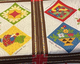 Vintage 1970s Calico Overall Bill Sunbonnet Sue Cheater Quilt 22 Panels 22x22 sq